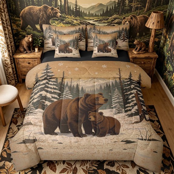 Castle Fairy Vintage Winter Bears 7-Piece Twin Bedding,Snowy Pine Mountain Bedding Comforter Set,Sepia White Cream,Black Reversible