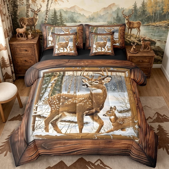 Castle Fairy Vintage Winter Deer Full Size Bedding Sets 7 Pieces,Jungle Animal Full Size Bed in a Bag,Warm Brown White,Black Reversible