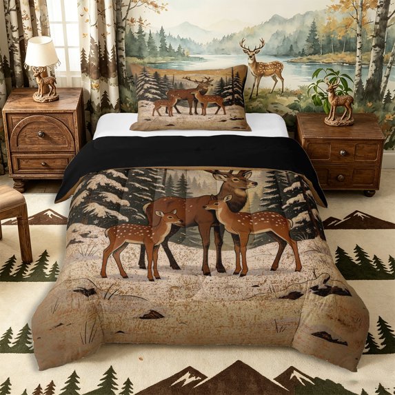Castle Fairy Vintage Winter Spotted Deer Twin Comforter Sets 2pcs,Snowy Pine Mountain Bedding Set,Sepia White Cream,Black Reversible,1 Comforter and 1 Pillowcase