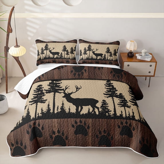 Castle Fairy Vintage Wood Deer Quilt Full,Rustic Woodland Animal Full Bedspread Sets,Black Tan