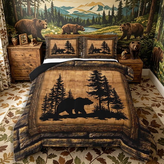 Castle Fairy Vintage Wood Plank Bear Full Size Comforter Sets 3-Piece,Jungle Animal Bedding Comforter Set,Natural Black,Black Reversible,1 Comforter and 2 Pillowcases