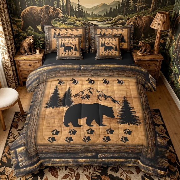 Castle Fairy Vintage Wood Plank Bear Paw Full Size Bedding Sets 7 Pieces,Jungle Animal Full Size Bed in a Bag,Natural Black,Black Reversible