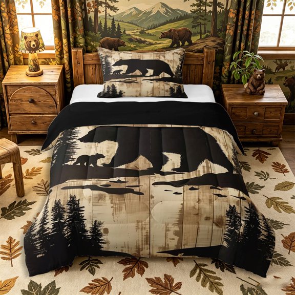 Castle Fairy Vintage Wood Plank Bear Twin Comforter Sets 2pcs,Pine Creek Shadow Bedding Set,Taupe Black,Black Reversible,1 Comforter and 1 Pillowcase