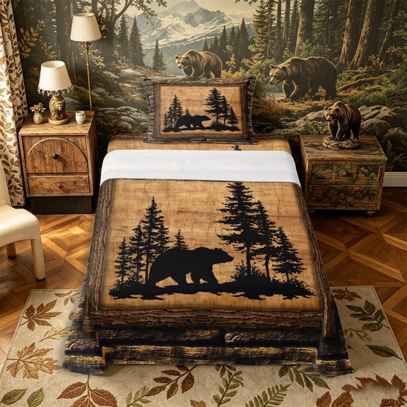 Castle Fairy Vintage Wood Plank Bear Twin Sheets 3pcs,Jungle Animal Bedding,Natural Black,1 Fitted Sheet, 1 Flat Sheet and 1 Pillowcase