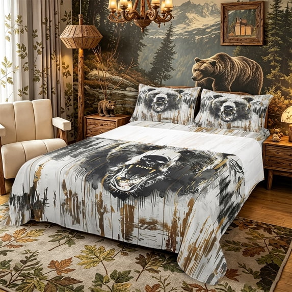 Castle Fairy Vintage Wood Plank Roaring Bear Bed Sheets 4-Piece,Golden Drip Pine Mountain Silhouette Full Size Sheets,Black Gold Cream,1 Fitted Sheet, 1 Flat Sheet and 2 Pillowcases