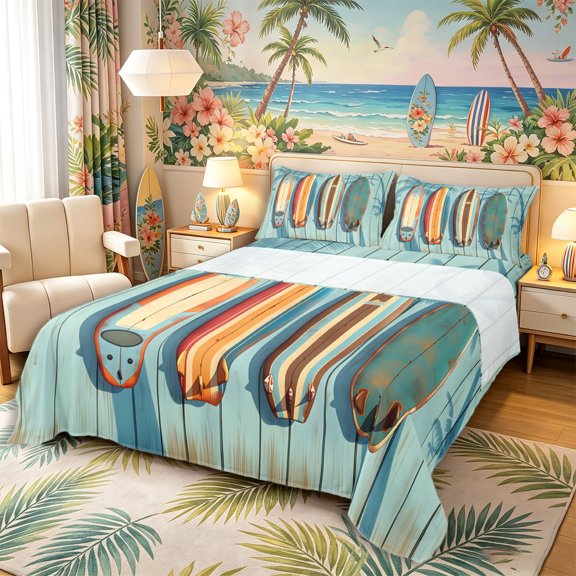 Castle Fairy Vintage Wood Surfboard King Sheets 4pcs,Palm Shadow Plank Art Bedding,Rust Cyan,1 Fitted Sheet,1 Flat Sheet and 2 Pillowcases