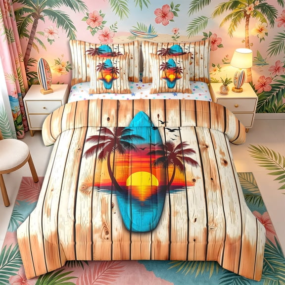 Castle Fairy Vintage Wooden Surf Plank Full Size Bedding Sets 7 Pieces,Palm Sunset Seagull Beach Print Full Size Bed in a Bag,Beige Teal,Reversible