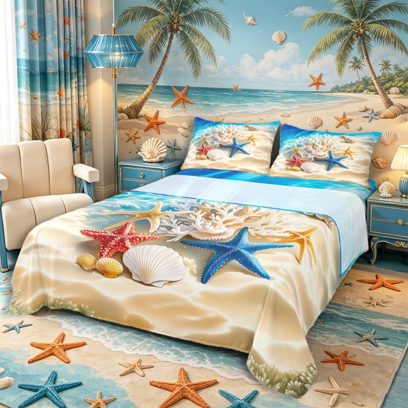 Castle Fairy Vivid Cartoon Underwater Coral Queen Sheets 4 Pieces,Multi-Colored Starfish Seashell Tile Queen Sheet Sets,Blue Orange,1 Fitted Sheet,1 Flat Sheet and 2 Pillowcases