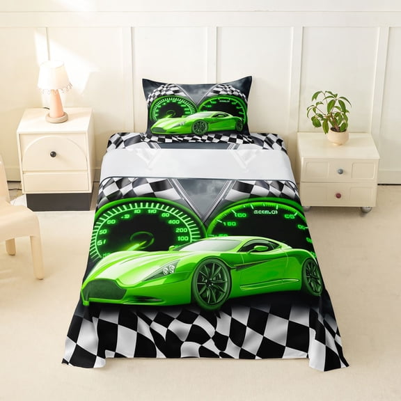 Castle Fairy Vivid Green Racer Twin Sheet Sets 3pcs for Junior, Racing Meter Icon Bedding for Bedroom, Emerald Dark Hue