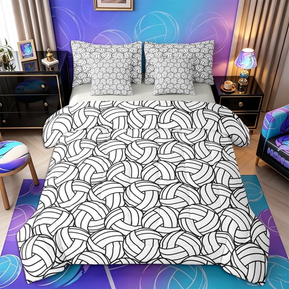 Castle Fairy Volleyball Print Full Size Bedding Sets 7 Pieces, Sport Theme Full Size Bed in a Bag, Black White,Grey Reversible