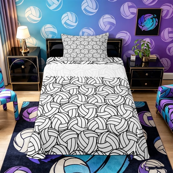 Castle Fairy Volleyball Print Twin Sheets 3pcs, Sport Theme Bedding, Black White,1 Fitted Sheet, 1 Flat Sheet and 1 Pillowcase
