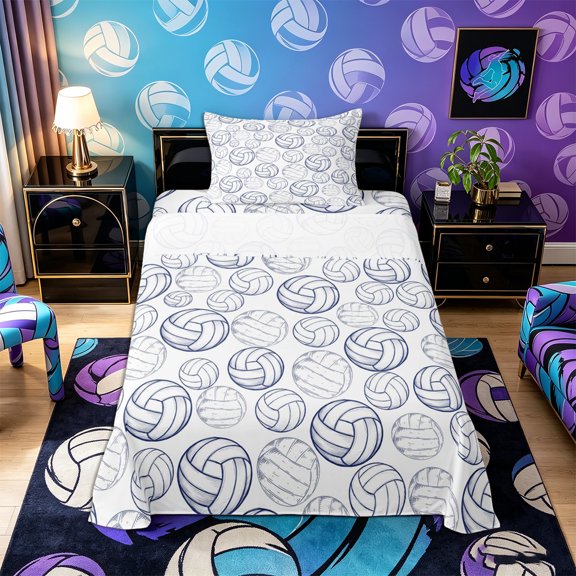 Castle Fairy Volleyball Print Twin Sheets 3pcs, Sport Theme Bedding, White Navy,1 Fitted Sheet, 1 Flat Sheet and 1 Pillowcase
