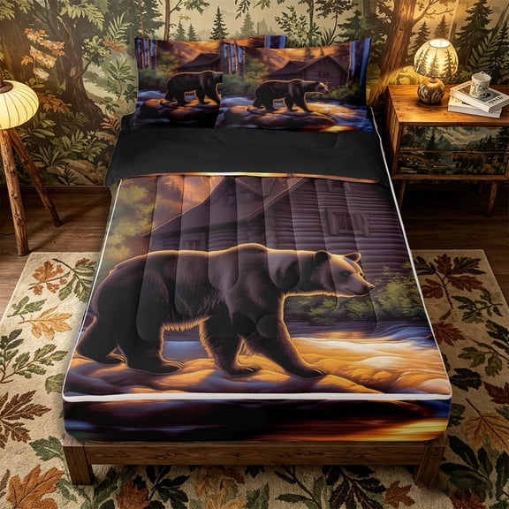 Castle Fairy Warm Cartoon Brown Bear Zipper Twin Comforter Sets with Fitted Sheet and 2 Pillowcases for Teens,Sunset Mountain Log Cabin Zipper Bedding Set,Black Reversible,4-Piece