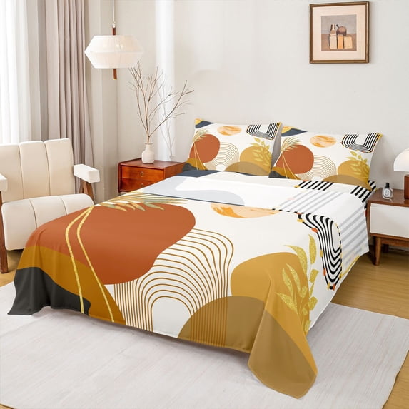 Castle Fairy Warm Terracotta Bed Sheets 4pcs for Family, Gold Foil Leaf King Sheets, Orange and Brown