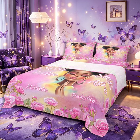 Castle Fairy Watercolor Afro Girl Queen Sheets 4 Pieces,Romantic Pink Rose Frame Queen Sheet Sets,Pink Yellow,1 Fitted Sheet, 1 Flat Sheet and 2 Pillowcases