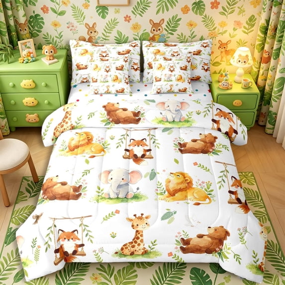Castle Fairy Watercolor Animal Giraffe Fox Bear 7-Piece Twin Bedding,Kawaii Lion Elephant Bedding Comforter Set,Brown Sage Cream,Reversible
