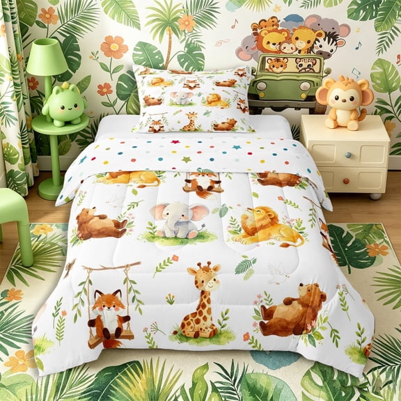Castle Fairy Watercolor Animal Giraffe Fox Bear Twin Comforter Sets 2pcs,Kawaii Lion Elephant Bedding Set,Brown Sage Cream,Reversible,1 Comforter and 1 Pillowcase