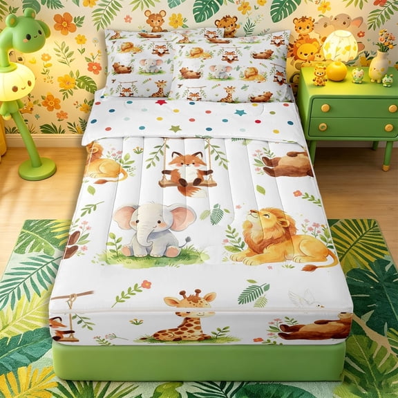 Castle Fairy Watercolor Animal Giraffe Fox Bear Zipper Twin Comforter Sets with Fitted Sheet and 2 Pillowcases,Kawaii Lion Elephant Zipper Bedding Set,Brown Sage Cream,Reversible,4-Piece