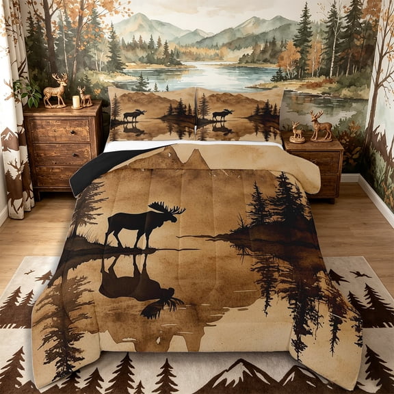 Castle Fairy Watercolor Animal Moose Full Size Comforter Sets 3-Piece,Vintage Jungle Wildlife Bedding Comforter Set,Sepia Brown Cream,Black Reversible,1 Comforter and 2 Pillowcases
