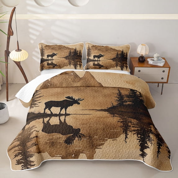 Castle Fairy Watercolor Animal Moose Twin Quilt Set,Vintage Jungle Wildlife Twin Coverlet Set,Sepia Brown Cream