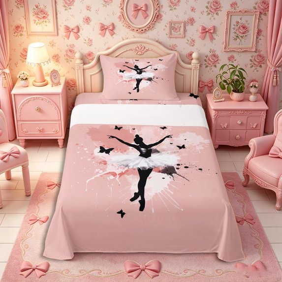 Castle Fairy Watercolor Ballet Girl Twin Sheets 3pcs,Graffiti Splash Butterfly Pattern Bedding,Pink White,1 Fitted Sheet, 1 Flat Sheet and 1 Pillowcase