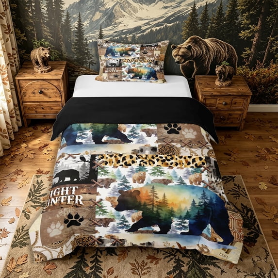 Castle Fairy Watercolor Bear Twin Duvet Cover,Vintage Leopard Print Twin Bedding,Sepia Orange Cream,Black Reversible,2pcs,No Comforter,1 Duvet Cover and 1 Pillowcase