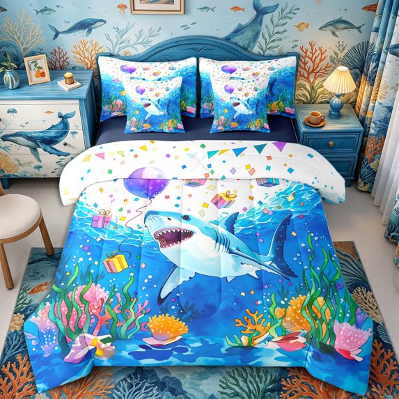 Castle Fairy Watercolor Birthday Shark Art 7-Piece Twin Bedding,Confetti Gift Coral Party Print Bedding Comforter Set,Purple Cyan,Navy Blue Reversible