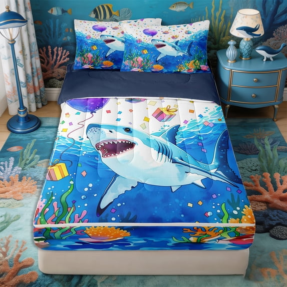 Castle Fairy Watercolor Birthday Shark Art Zipper Twin Comforter Sets with Fitted Sheet and 2 Pillowcases,Confetti Gift Coral Party Print Zipper Bedding Set,Purple Cyan,Navy Blue Reversible,4-Piece