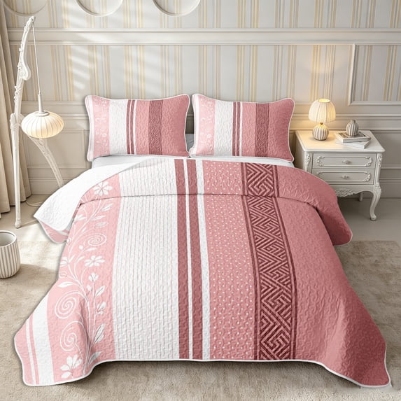 Castle Fairy Watercolor Bloom Twin Quilt Set 2 Pieces,Abstract Geometric Stripes Twin Coverlet Set,Dusty Rose White,1 Bedspread and 1 Pillowcase