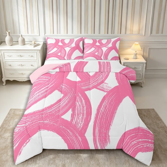 Castle Fairy Watercolor Brush Loop Queen Comforter Set 3 Pieces,Abstract Swirl Stripes Comforter Sets Queen,Pink White,Reversible,1 Comforter and 2 Pillowcases