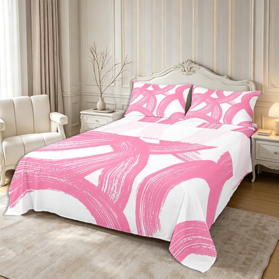 Castle Fairy Watercolor Brush Loop Queen Sheets 4 Pieces,Abstract Swirl Stripes Queen Sheet Sets,Pink White,1 Flat Sheet, 1 Fitted Sheet and 2 Pillowcases