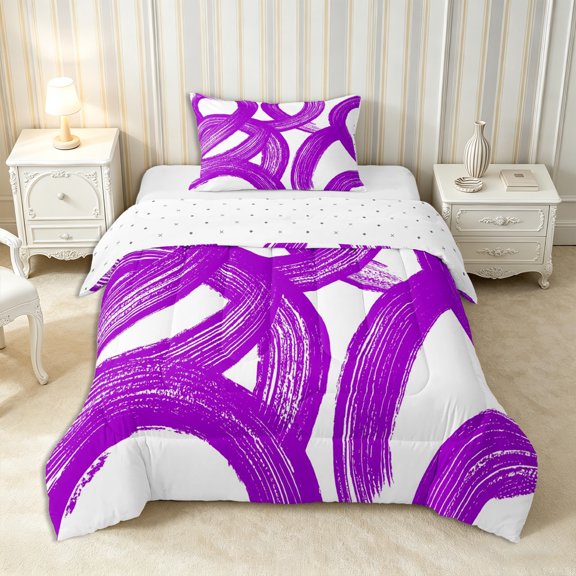 Castle Fairy Watercolor Brush Ring Twin Comforter Sets 2pcs,Abstract Curved Stroke Bedding Set,Purple White,Reversible,1 Comforter and 1 Pillowcase