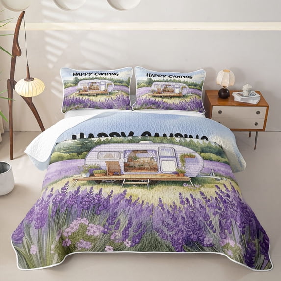 Castle Fairy Watercolor Camper Bed Spread Queen,Lavender Print Queen Coverlet Set for Bedroom,Purple White