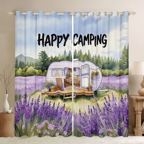 Castle Fairy Watercolor Camper Black Out Curtains for Kids, Lavender Print Curtains Pack of 2 (42x63 Each) for Bedroom, Purple White