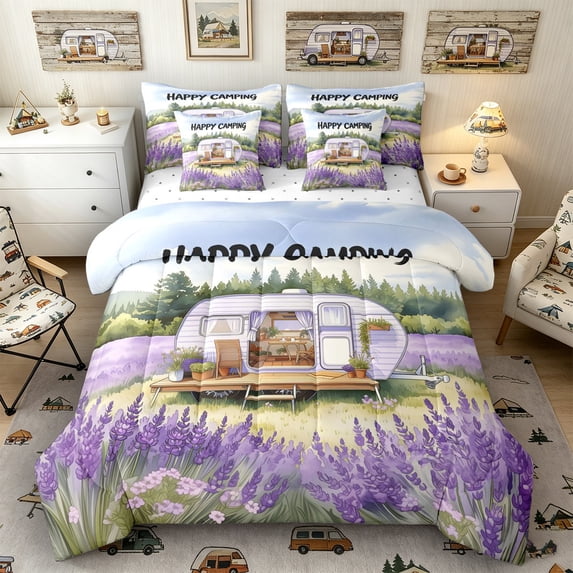 Castle Fairy Watercolor Camper Twin Bedding Sets 7-Piece for Kids, Lavender Print Bedding Comforter Set for Bedroom, Purple White