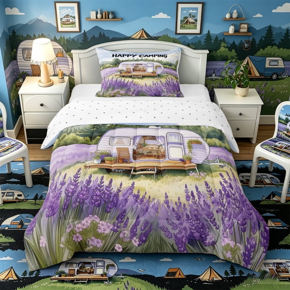 Castle Fairy Watercolor Camper Twin Comforter Sets 3-Piece for Kids, Lavender Print Bedding Set for Bedroom, Purple White