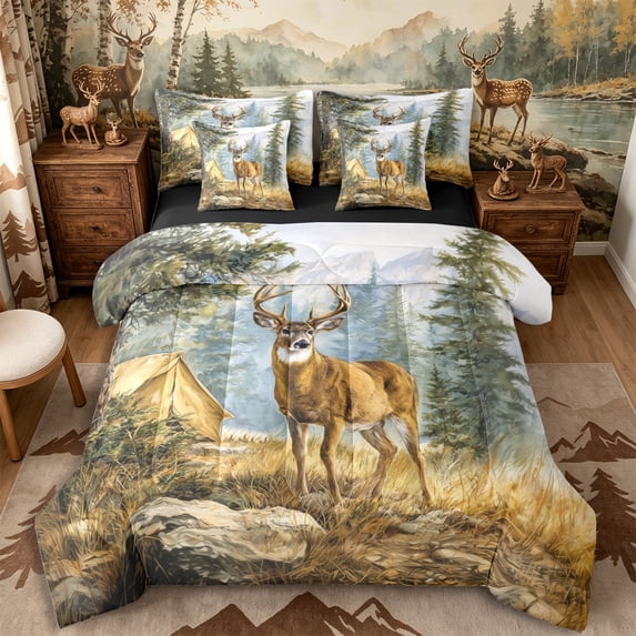 Castle Fairy Watercolor Camping Deer Queen Bedding 7pcs,Pine Mountain Tent Meadow Bedding Comforter Set Queen,Brown Sage Cream,Black Reversible