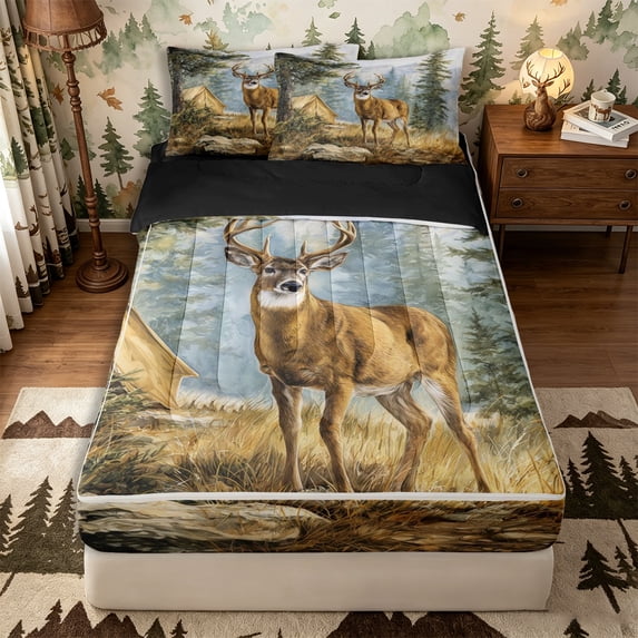Castle Fairy Watercolor Camping Deer Zipper Twin Comforter Sets with Fitted Sheet and 2 Pillowcases,Pine Mountain Tent Meadow Zipper Bedding Set,Brown Sage Cream,Black Reversible,4-Piece