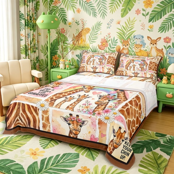 Castle Fairy Watercolor Collage Giraffe Bed Sheets 4-Piece for Boys,Rainbow Daisy Butterfly Full Size Sheets,Brown Pink White,1 Fitted Sheet, 1 Flat Sheet and 2 Pillowcases