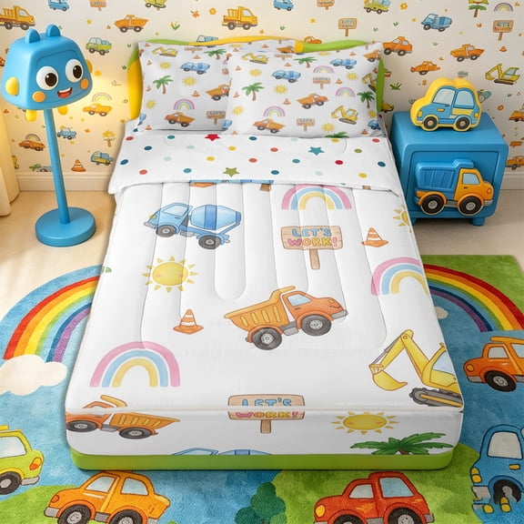 Castle Fairy Watercolor Construction Truck Zipper Twin Comforter Sets with Fitted Sheet and 2 Pillowcases,Dump Truck Print Zipper Bedding Set for Bedroom,Yellow Blue Orange,4-Piece,Reversible