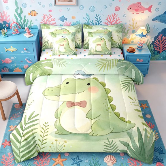 Castle Fairy Watercolor Cute Crocodile 7-Piece Twin Bedding,Tiny Bird Tropical Leaf Print Bedding Comforter Set,Sage Pale,Reversible