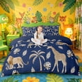 thumbnail image 1 of Castle Fairy Watercolor Elephant Giraffe Lion Duvet Cover King,Tropical Palm Leaves Wildlife King Bedding,Navy Cream,Navy Blue Reversible,3 Pieces,No Comforter,1 Duvet Cover and 2 Pillowcases, 1 of 6