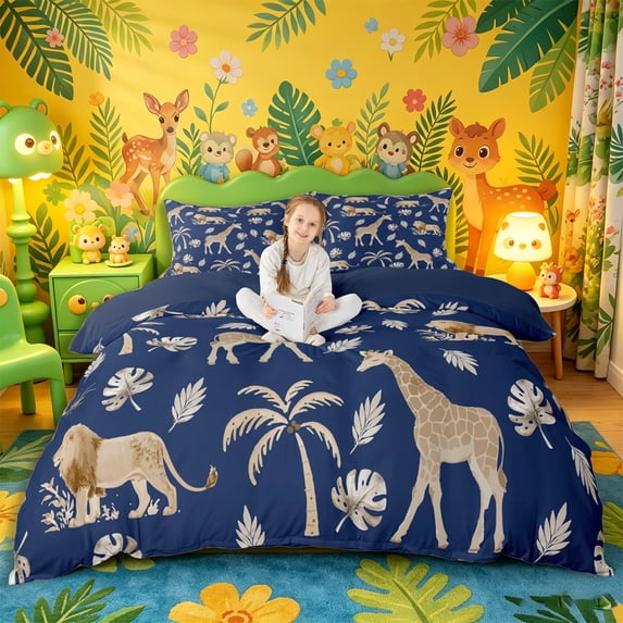 Castle Fairy Watercolor Elephant Giraffe Lion Duvet Cover King,Tropical Palm Leaves Wildlife King Bedding,Navy Cream,Navy Blue Reversible,3 Pieces,No Comforter,1 Duvet Cover and 2 Pillowcases