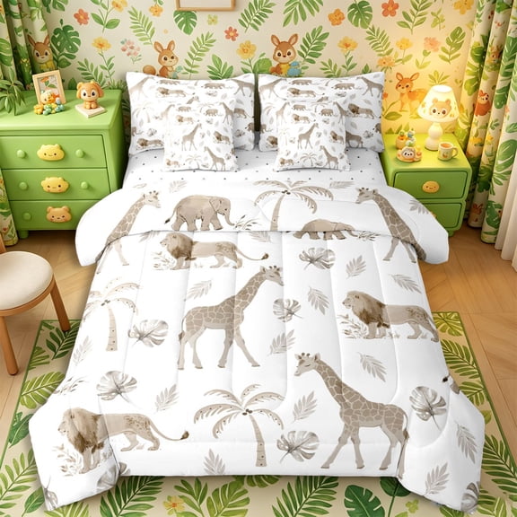 Castle Fairy Watercolor Elephant Giraffe Lion Full Size Bedding Sets 7 Pieces,Tropical Palm Leaves Wildlife Full Size Bed in a Bag,Off White Light Brown,Reversible