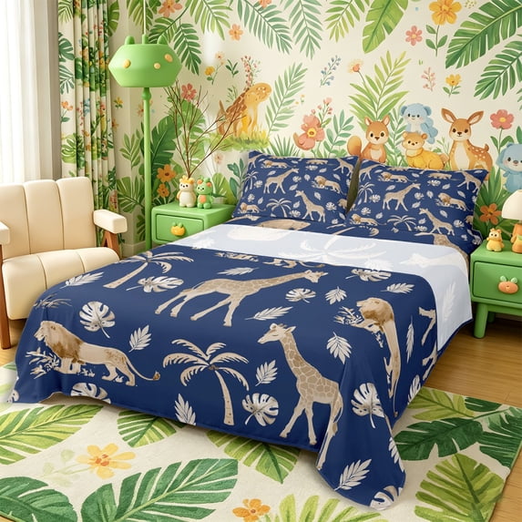 Castle Fairy Watercolor Elephant Giraffe Lion Queen Sheets 4 Pieces,Tropical Palm Leaves Wildlife Queen Sheet Sets,Navy Cream,1 Fitted Sheet, 1 Flat Sheet and 2 Pillowcases