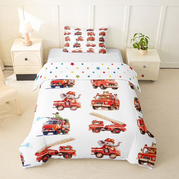 Castle Fairy Watercolor Fire Truck Twin Bedding for Teens, Animal Driver Print Duvet Cover Set for Toddler Bedroom, Red White,2pcs,No Comforter