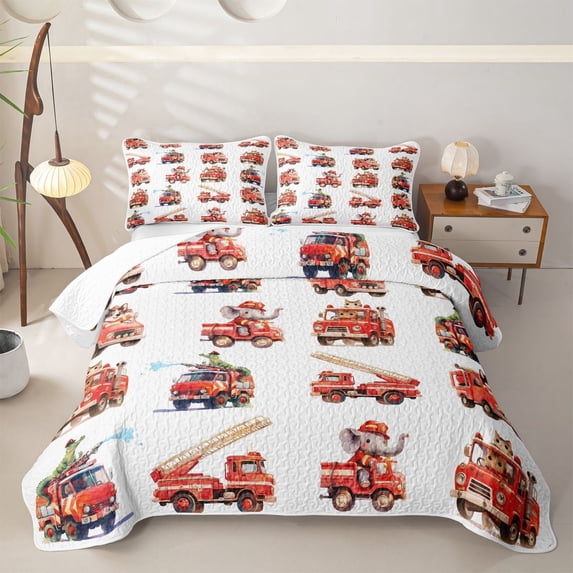 Castle Fairy Watercolor Fire Truck Twin Quilt Set,Animal Driver Print Twin Coverlet Set,Red White