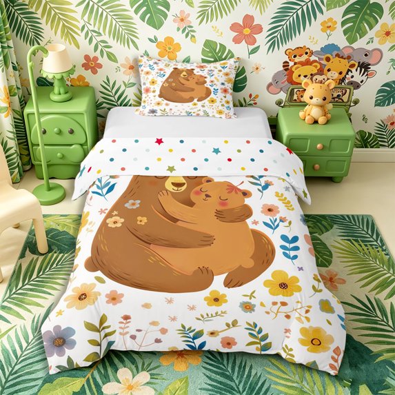 Castle Fairy Watercolor Floral Bear Twin Duvet Cover,Cute Flower Daisy Animal Twin Bedding,Peach Brown Cream,Reversible,2pcs,No Comforter,1 Duvet Cover and 1 Pillowcase