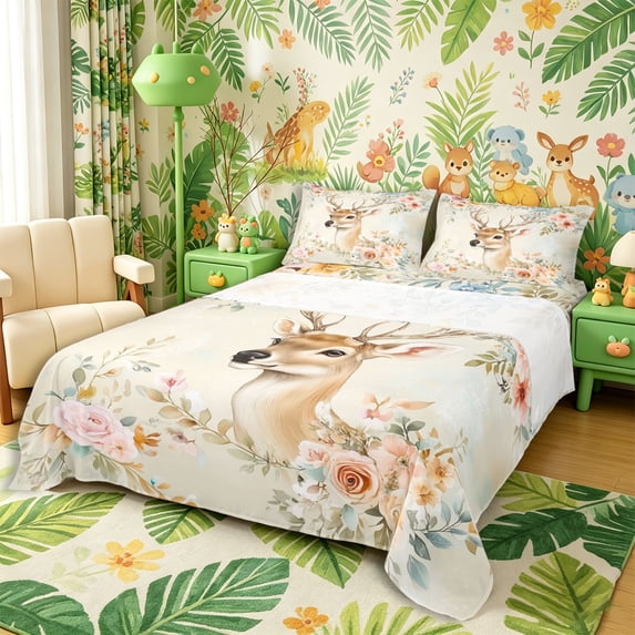 Castle Fairy Watercolor Floral Deer Queen Sheets 4 Pieces,Romantic Rose Leaves Queen Sheet Sets,Peach Blue Cream,1 Fitted Sheet, 1 Flat Sheet and 2 Pillowcases