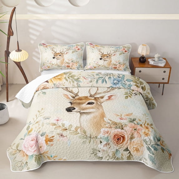 Castle Fairy Watercolor Floral Deer Quilt King,Romantic Rose Leaves King Coverlet Set,Peach Blue Cream